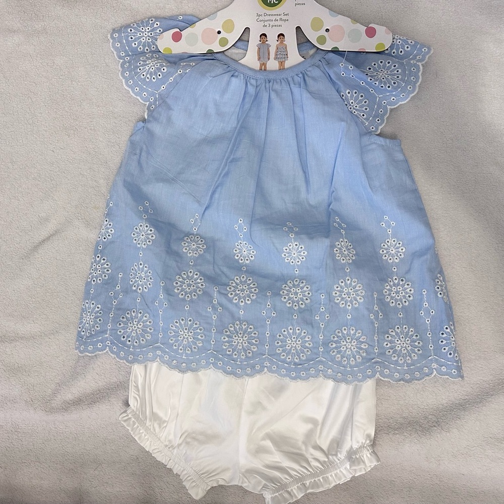 Blue and White Embroidered Kids Dress Set - 18 Months